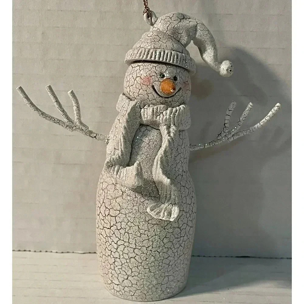 Snowman Ornament White Crackle‎ Paint Open Stick Arms Santa Hat 4.5” Christmas